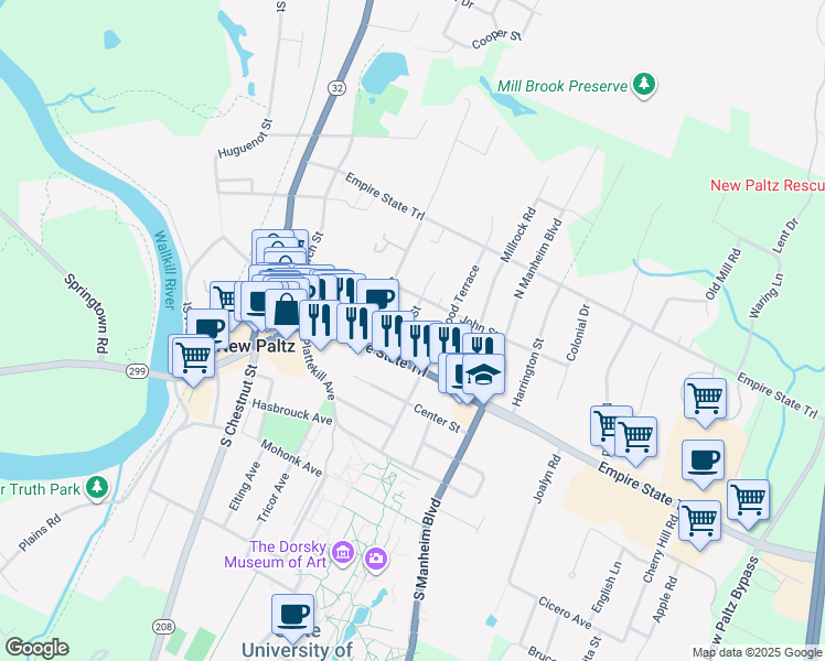 map of restaurants, bars, coffee shops, grocery stores, and more near 8 Grove Street in New Paltz