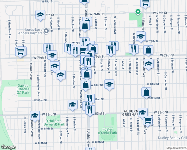 map of restaurants, bars, coffee shops, grocery stores, and more near 8014 South Justine Street in Chicago