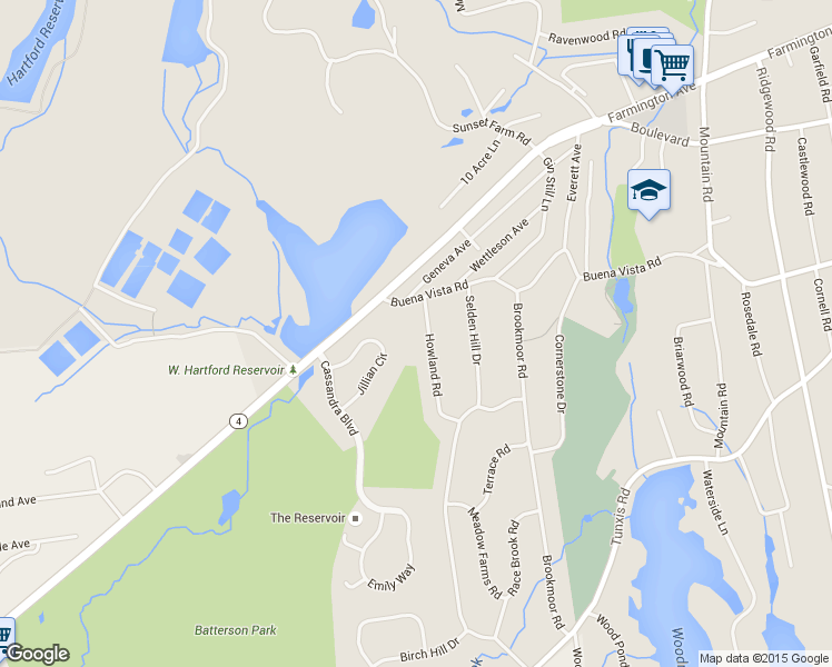 map of restaurants, bars, coffee shops, grocery stores, and more near 45 Howland Road in West Hartford