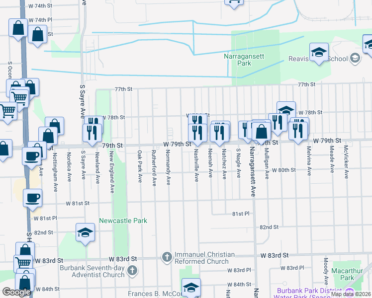 map of restaurants, bars, coffee shops, grocery stores, and more near 6619 West 79th Street in Burbank