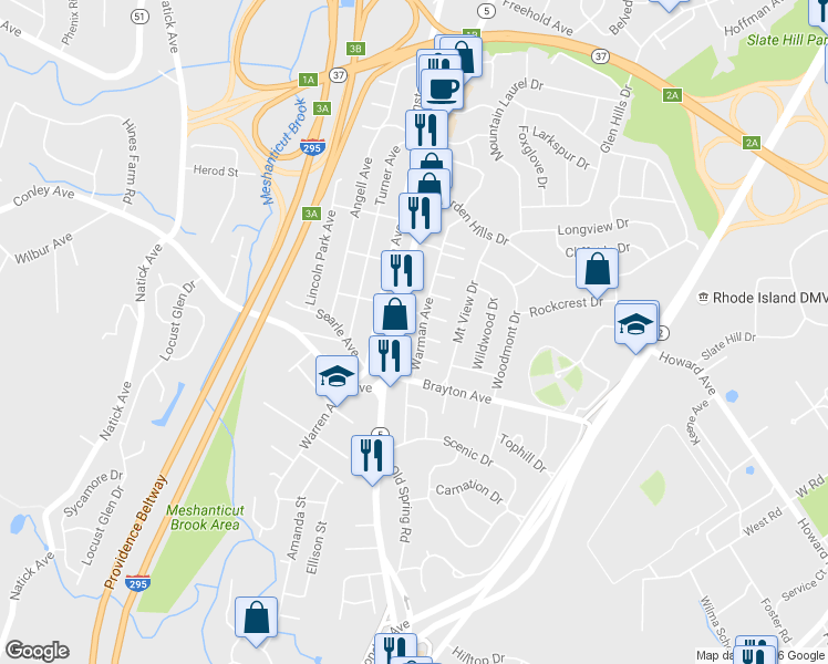 map of restaurants, bars, coffee shops, grocery stores, and more near 48 Warman Ave in Cranston