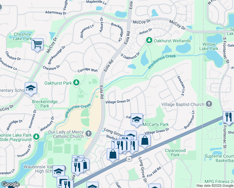 map of restaurants, bars, coffee shops, grocery stores, and more near 390 Cimarron Drive East in Aurora