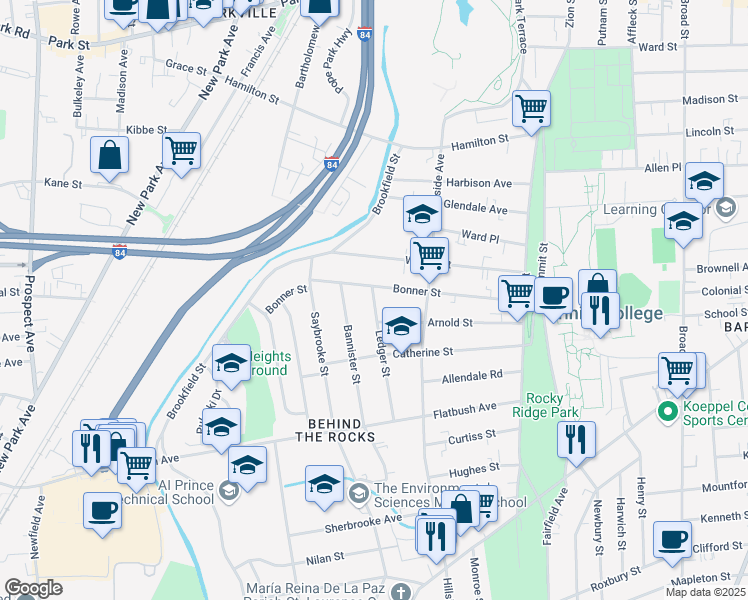 map of restaurants, bars, coffee shops, grocery stores, and more near 13 Ledger Street in Hartford
