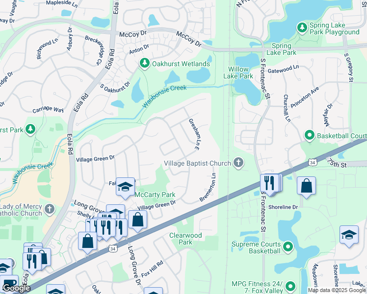 map of restaurants, bars, coffee shops, grocery stores, and more near 3139 Village Green Drive in Aurora