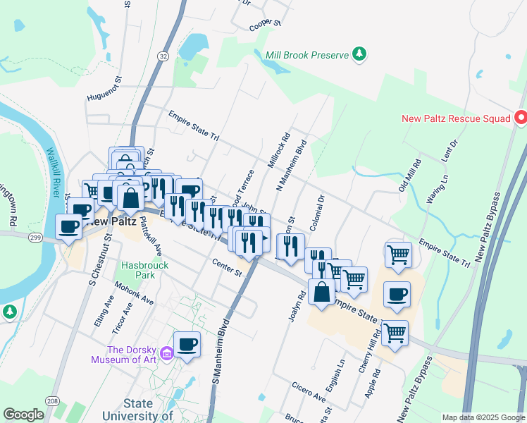 map of restaurants, bars, coffee shops, grocery stores, and more near 39 John St in New Paltz