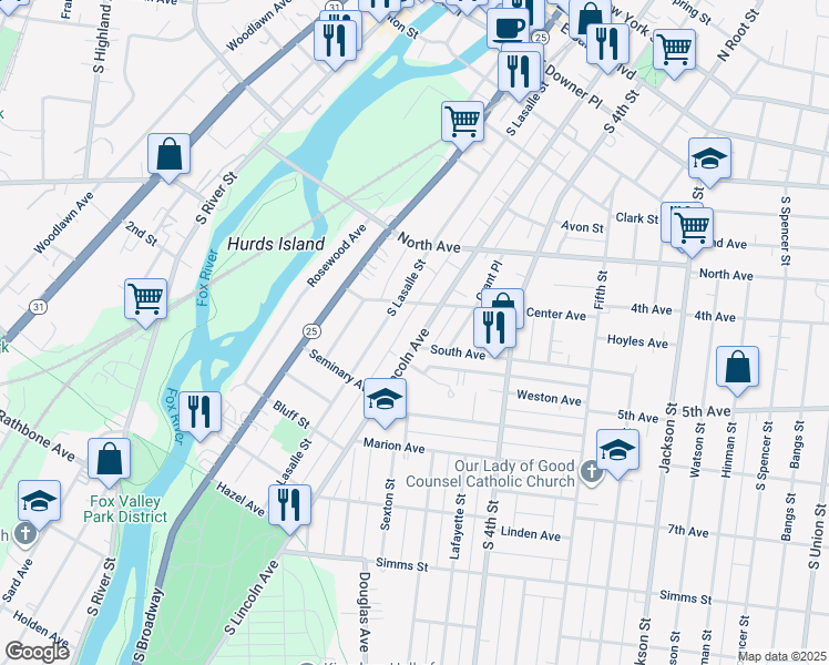 map of restaurants, bars, coffee shops, grocery stores, and more near 431 South Lincoln Avenue in Aurora
