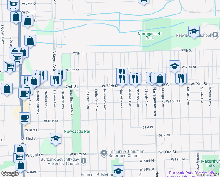 map of restaurants, bars, coffee shops, grocery stores, and more near 6619 West 79th Street in Burbank