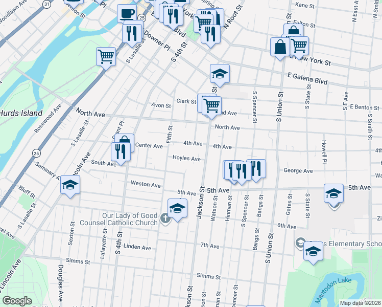 map of restaurants, bars, coffee shops, grocery stores, and more near 534 Hoyles Avenue in Aurora