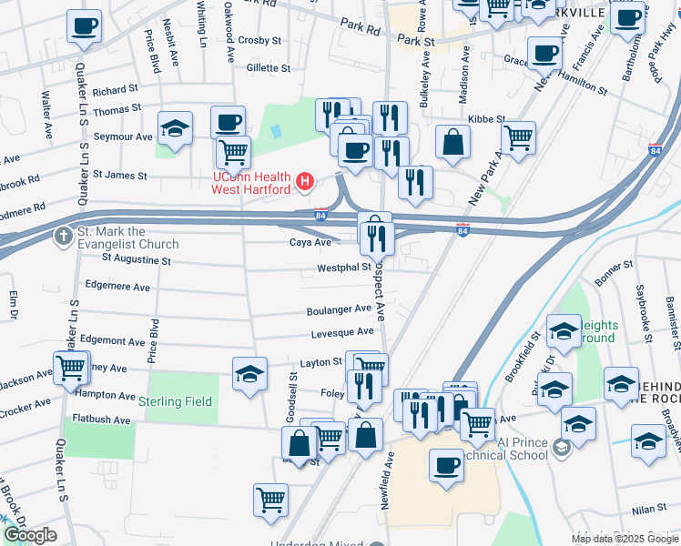 map of restaurants, bars, coffee shops, grocery stores, and more near 39 Westphal Street in West Hartford
