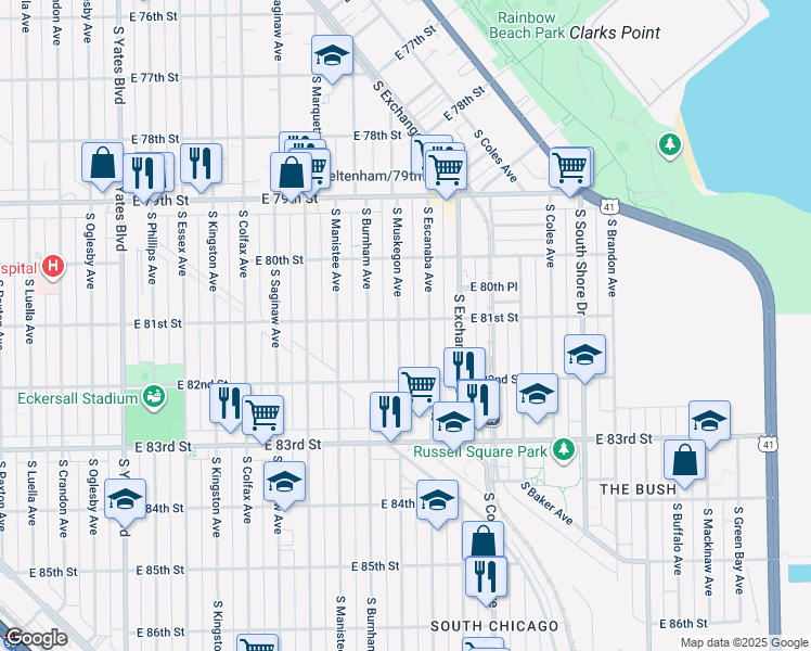 map of restaurants, bars, coffee shops, grocery stores, and more near 8105 South Muskegon Avenue in Chicago