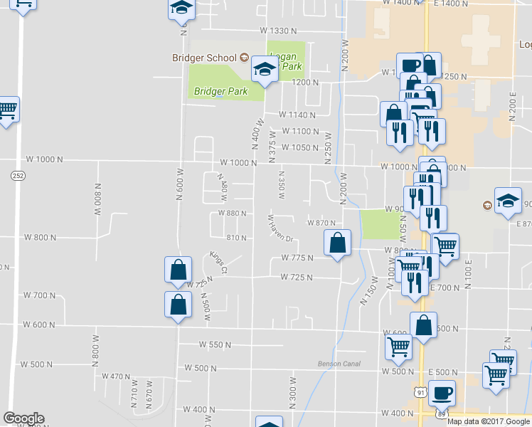 map of restaurants, bars, coffee shops, grocery stores, and more near 885 West Haven Drive in Logan