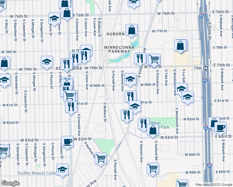 map of restaurants, bars, coffee shops, grocery stores, and more near 8025 South Parnell Avenue in Chicago