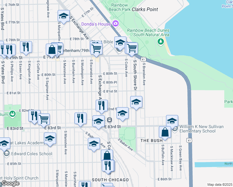 map of restaurants, bars, coffee shops, grocery stores, and more near 8104 South Houston Avenue in Chicago