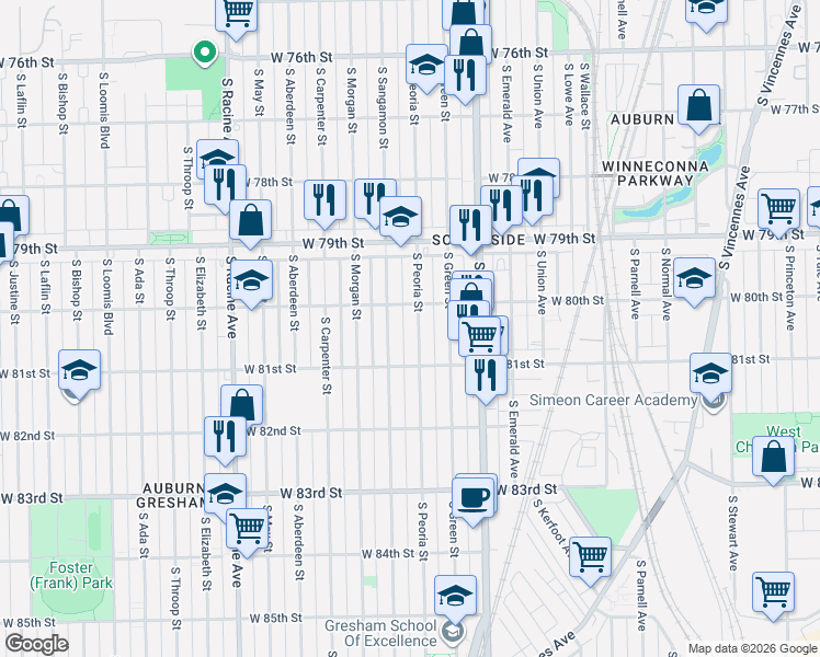 map of restaurants, bars, coffee shops, grocery stores, and more near 8026 South Peoria Street in Chicago