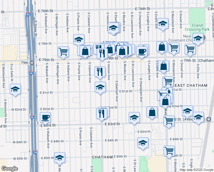 map of restaurants, bars, coffee shops, grocery stores, and more near 8045 South Vernon Avenue in Chicago