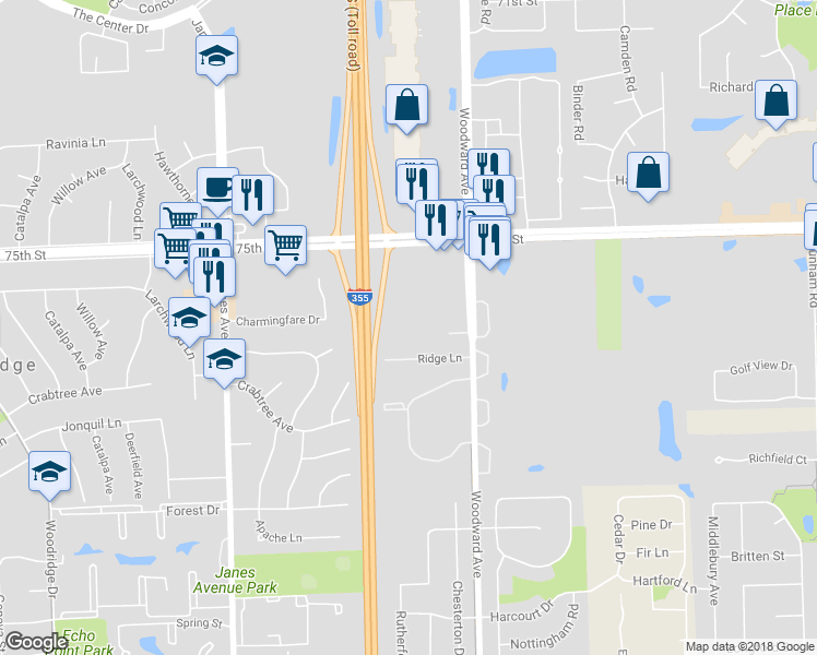 map of restaurants, bars, coffee shops, grocery stores, and more near 7512 Orchard Lane in Woodridge