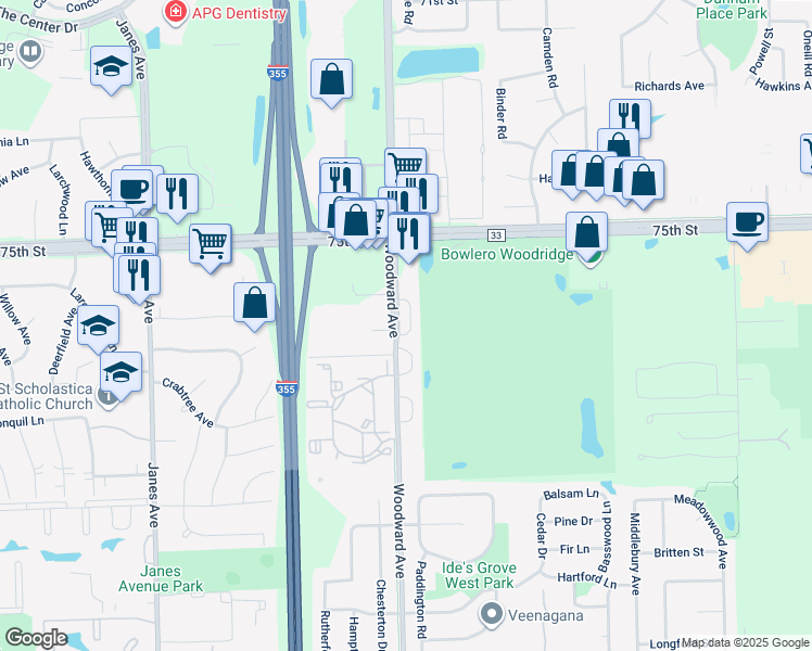 map of restaurants, bars, coffee shops, grocery stores, and more near 7613 Bristol Court in Woodridge