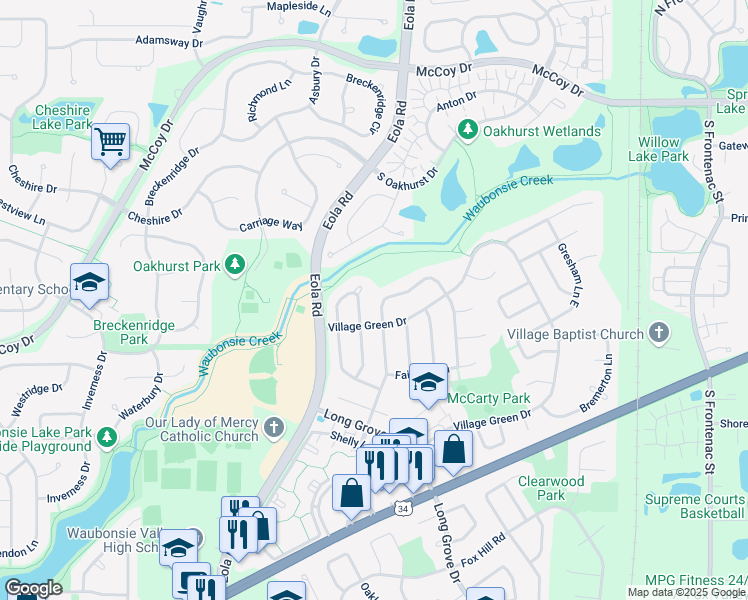 map of restaurants, bars, coffee shops, grocery stores, and more near 390 Cimarron Drive East in Aurora
