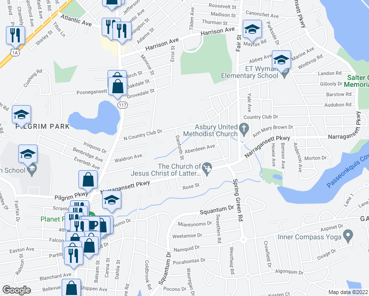 map of restaurants, bars, coffee shops, grocery stores, and more near 89 Aberdeen Avenue in Warwick