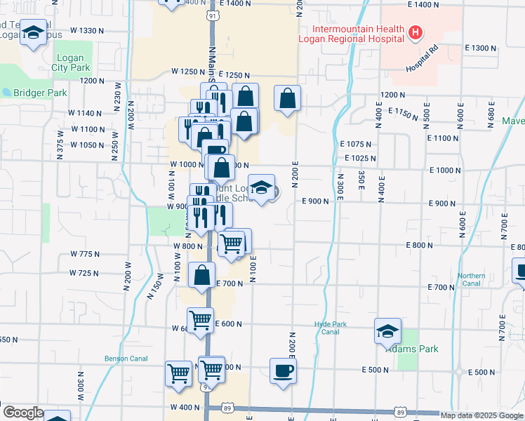 map of restaurants, bars, coffee shops, grocery stores, and more near 875 North 200 East in Logan
