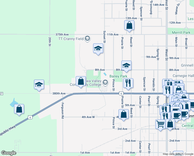 map of restaurants, bars, coffee shops, grocery stores, and more near Grinnell Trail in Grinnell