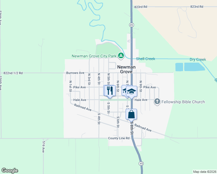 map of restaurants, bars, coffee shops, grocery stores, and more near 501 Pike Avenue in Newman Grove
