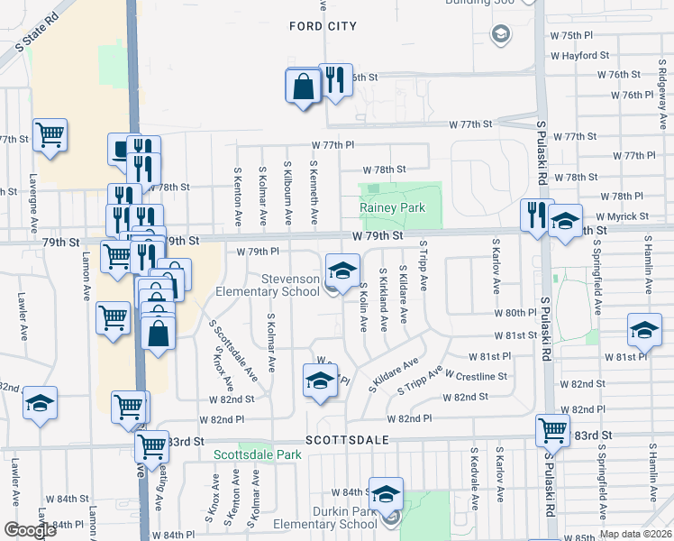 map of restaurants, bars, coffee shops, grocery stores, and more near 7940 South Kostner Avenue in Chicago