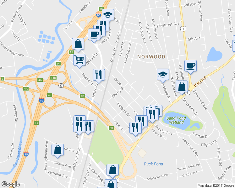 map of restaurants, bars, coffee shops, grocery stores, and more near 321 Chestnut Street in Warwick