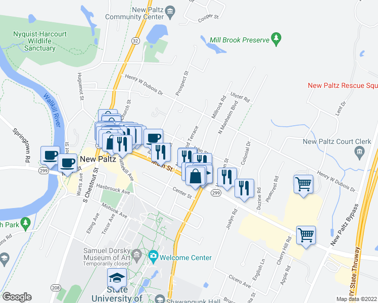 map of restaurants, bars, coffee shops, grocery stores, and more near 16 N Oakwood Terrace in New Paltz