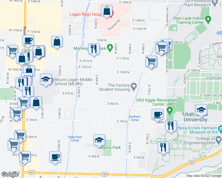 map of restaurants, bars, coffee shops, grocery stores, and more near 891 North 500 East in Logan