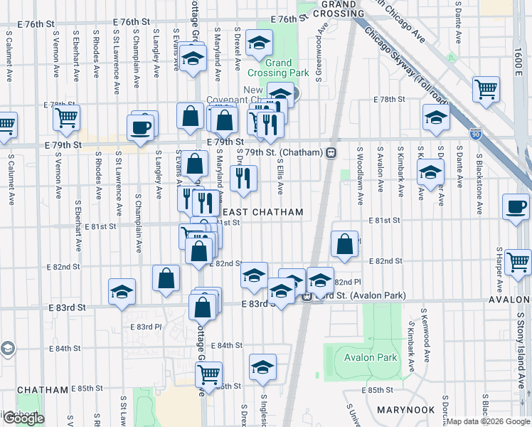 map of restaurants, bars, coffee shops, grocery stores, and more near 8051 South Ingleside Avenue in Chicago