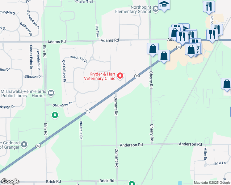 map of restaurants, bars, coffee shops, grocery stores, and more near 51401 Currant Road in Granger