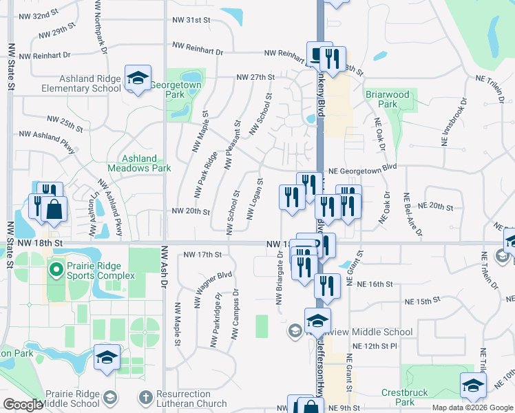 map of restaurants, bars, coffee shops, grocery stores, and more near 1921 Northwest Logan Street in Ankeny