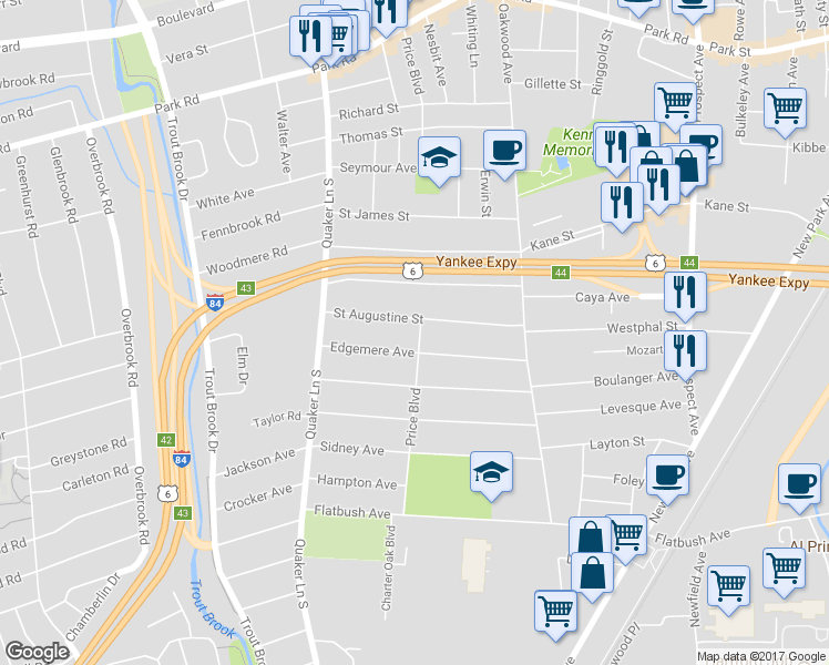 map of restaurants, bars, coffee shops, grocery stores, and more near 89 Saint Augustine Street in West Hartford