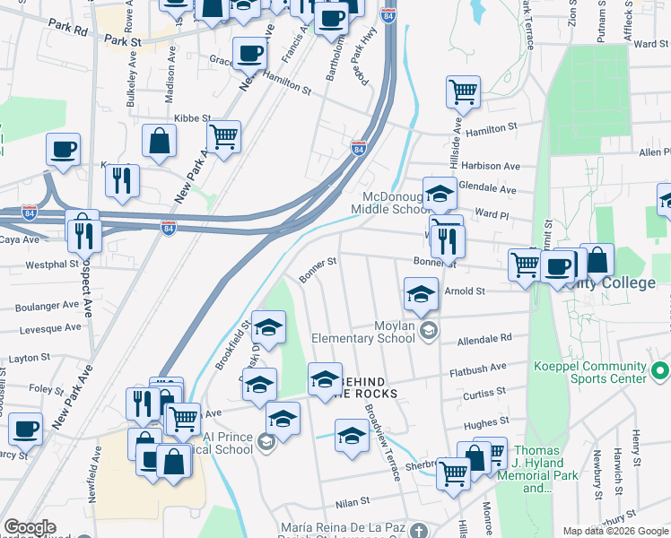 map of restaurants, bars, coffee shops, grocery stores, and more near 215 Saybrooke Street in Hartford