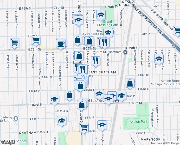 map of restaurants, bars, coffee shops, grocery stores, and more near 8045 South Maryland Avenue in Chicago