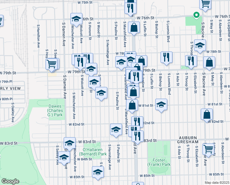 map of restaurants, bars, coffee shops, grocery stores, and more near 8000 South Paulina Street in Chicago