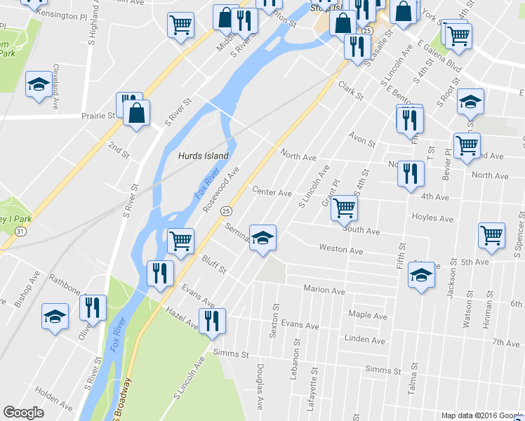 map of restaurants, bars, coffee shops, grocery stores, and more near 431 South Lasalle Street in Aurora