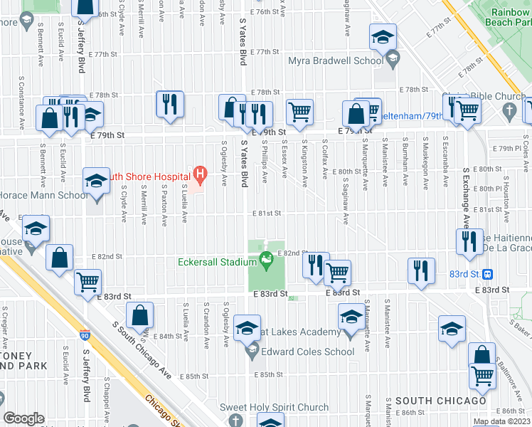 map of restaurants, bars, coffee shops, grocery stores, and more near 2455 East 81st Street in Chicago