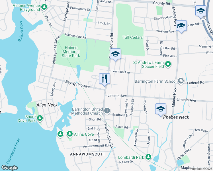 map of restaurants, bars, coffee shops, grocery stores, and more near 177 Washington Road in Barrington