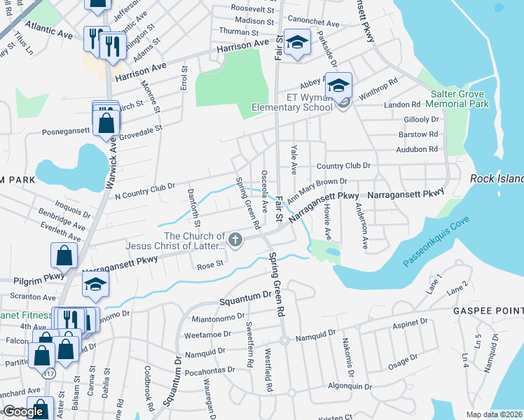 map of restaurants, bars, coffee shops, grocery stores, and more near 122 Spring Green Road in Warwick