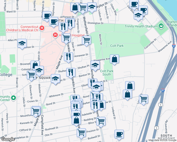 map of restaurants, bars, coffee shops, grocery stores, and more near in Hartford