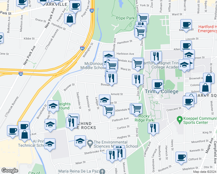 map of restaurants, bars, coffee shops, grocery stores, and more near 109 Bonner Street in Hartford