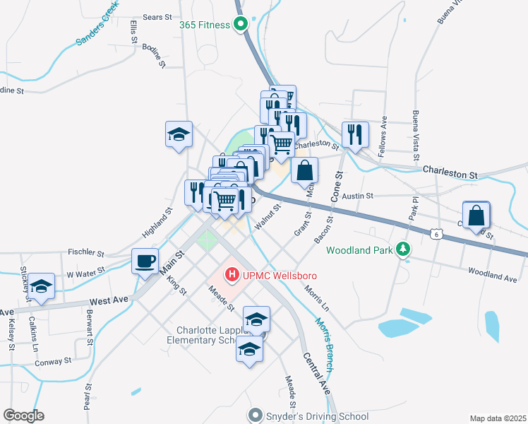 map of restaurants, bars, coffee shops, grocery stores, and more near 9 Walnut Street in Wellsboro
