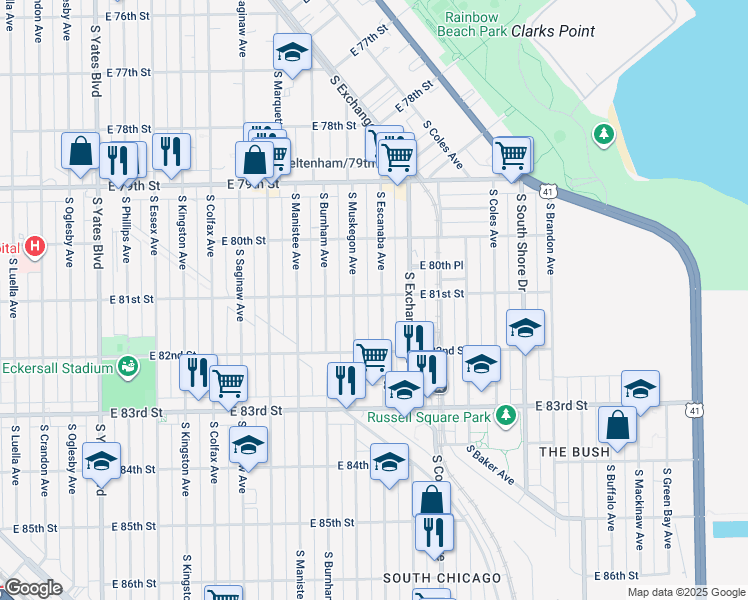 map of restaurants, bars, coffee shops, grocery stores, and more near 8105 South Muskegon Avenue in Chicago