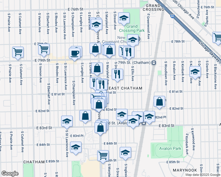 map of restaurants, bars, coffee shops, grocery stores, and more near 8054 South Drexel Avenue in Chicago