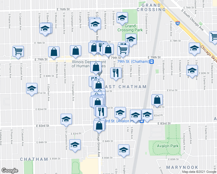 map of restaurants, bars, coffee shops, grocery stores, and more near 8054 South Drexel Avenue in Chicago