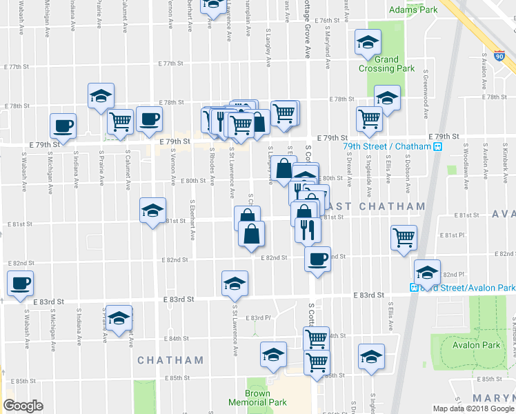 map of restaurants, bars, coffee shops, grocery stores, and more near 8046 South Champlain Avenue in Chicago