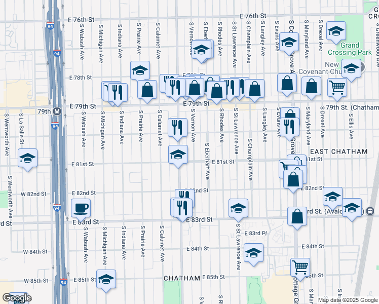 map of restaurants, bars, coffee shops, grocery stores, and more near 8045 South Vernon Avenue in Chicago