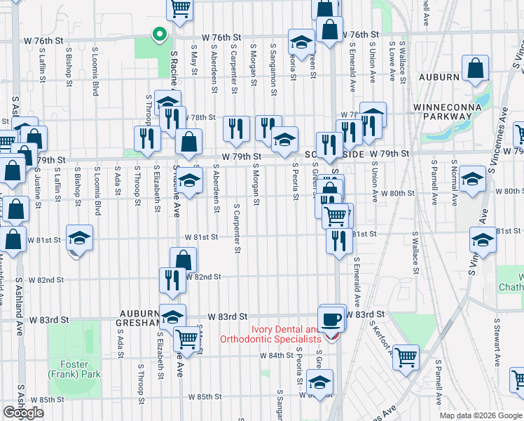 map of restaurants, bars, coffee shops, grocery stores, and more near 8022 South Sangamon Street in Chicago